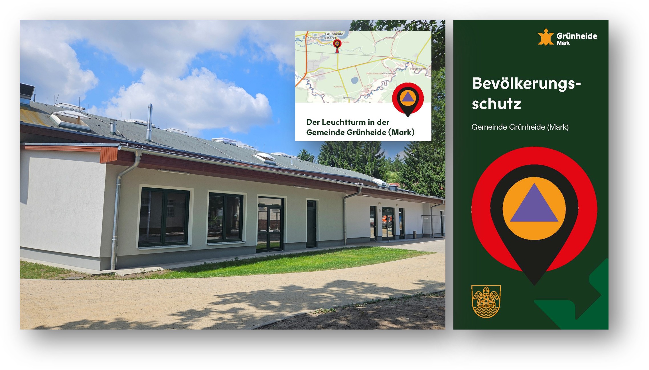 Anlaufpunkt auf dem Löcknitzcampus: Der Leuchtturm für den Katastrophenfall ist bereit. Foto: Anke Beißer; Quelle Gemeinde Grünheide (Mark)/Montage: Anke Beißer