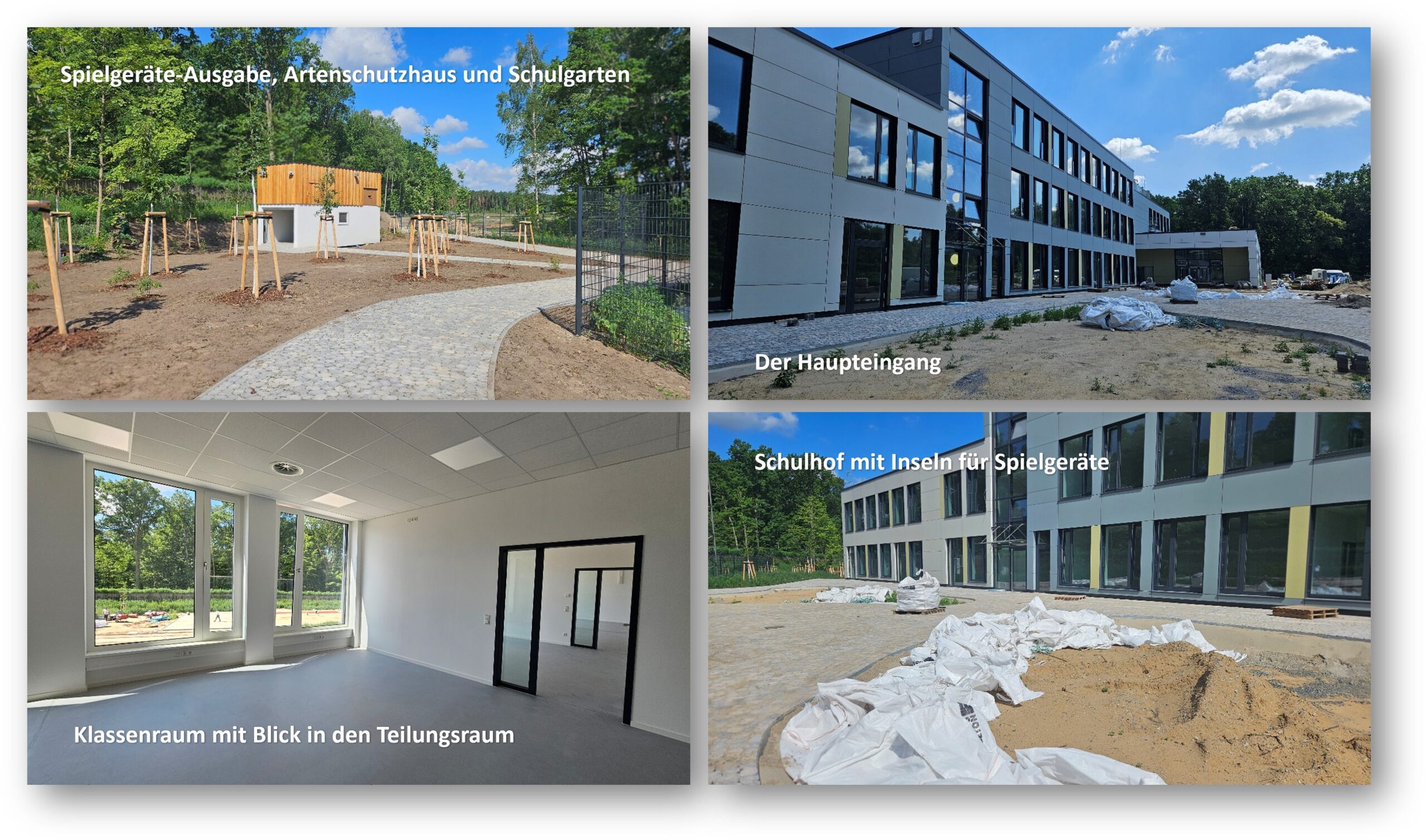 Momentaufnahme: Tagtäglich ändert sich das Antlitz auf der Schulbaustelle in Hangelsberg. Aber, der Kern ist gut erkennbar. Die Schule wird hell, freundlich, modern und draußen gibt es viel Grün. Fotos/Montage: Anke Beißer
