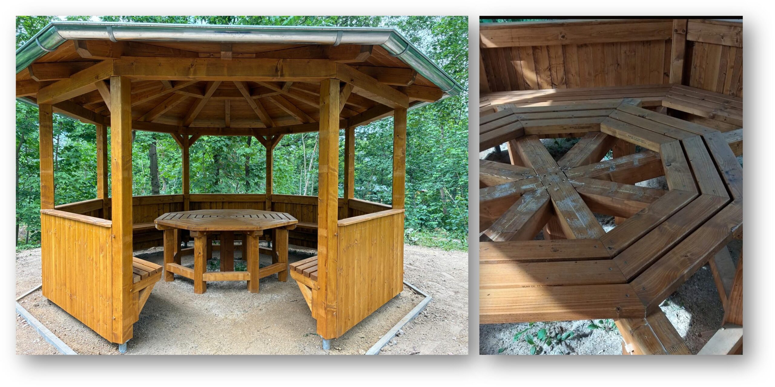 Kurze Freude: Der Pavillon lädt zum Verweilen auf dem Rodelberg in Hangelsberg ein. Er muss nur wenige Tage nach dem Aufstellen schon repariert werden. Fotos: Katrin Erfurth/Montage: Anke Beißer