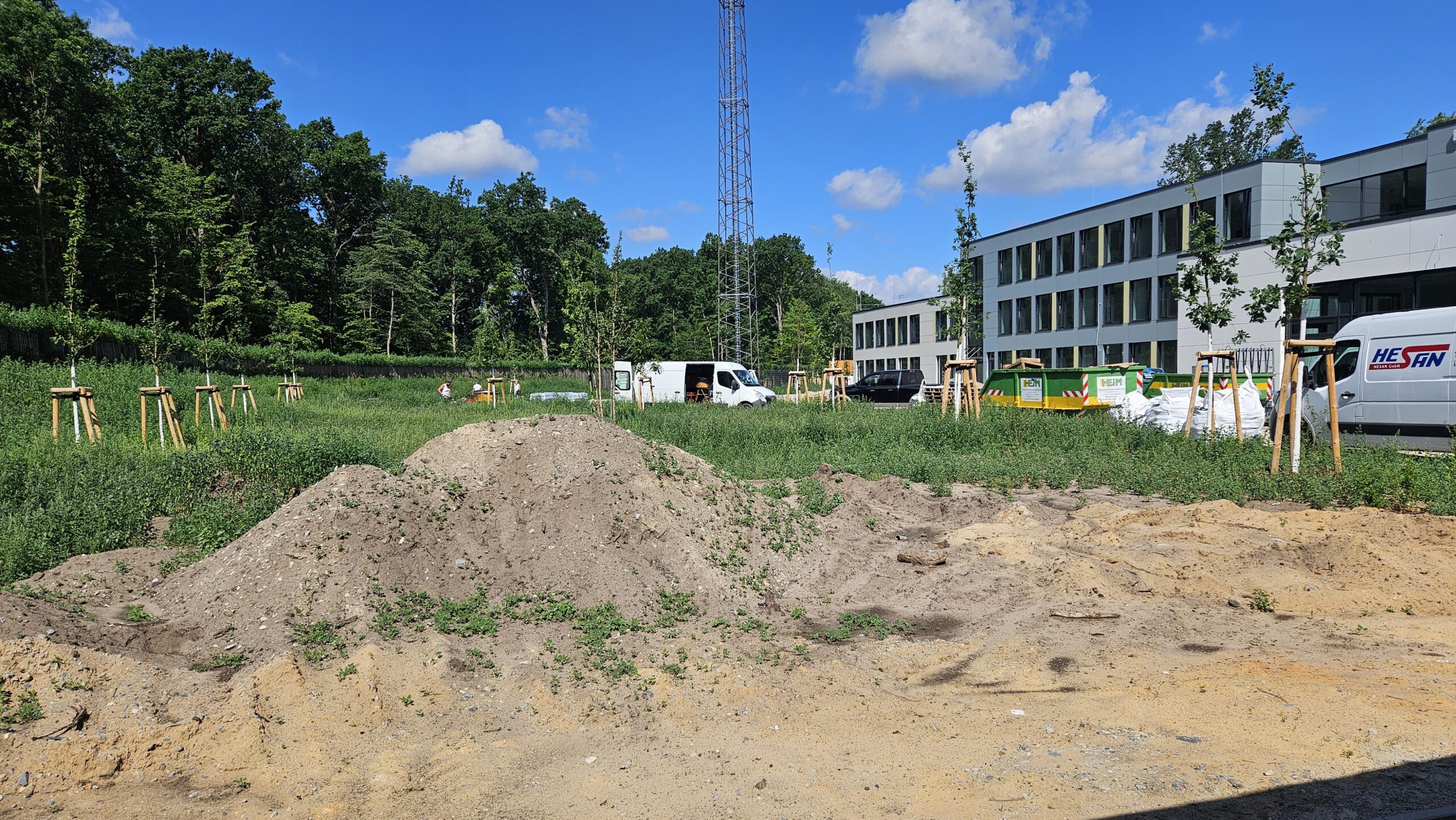 Platzhalter: Die Fläche, die künftig möglicherweise einen Jugendclub aufnehmen kann, ist von Bäume umsäumt. Die Leerrohre für die Medien liegen schon in der Erde. Foto: Anke Beißer