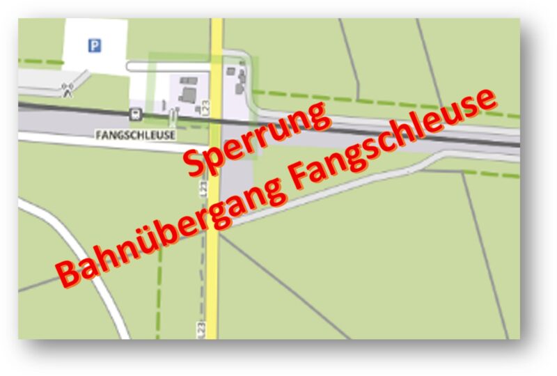 Schwerwiegende Einschränkung steht bevor: Ab dem 24. Juli, abends, ist am Bahnübergang Fangschleuse kein Durchkommen mehr. Garfik: Brandenburgviewer/Montage: Anke Beißer