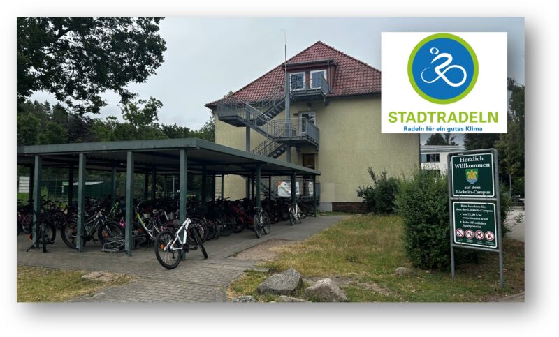 Alle abgehängt: Die Gerhart-Hauptmann-Grundschule hat einen großen Anteil am Ergebnis der STADTRADEL-Aktion 2026. In der Gemeinde Grünheide hat kein Team mehr Kilometer gesammelt - und voraussichtlich auch nicht im Landkreis Oder-Spree. Foto: Pauline Thiel/Montage: Anke Beißer