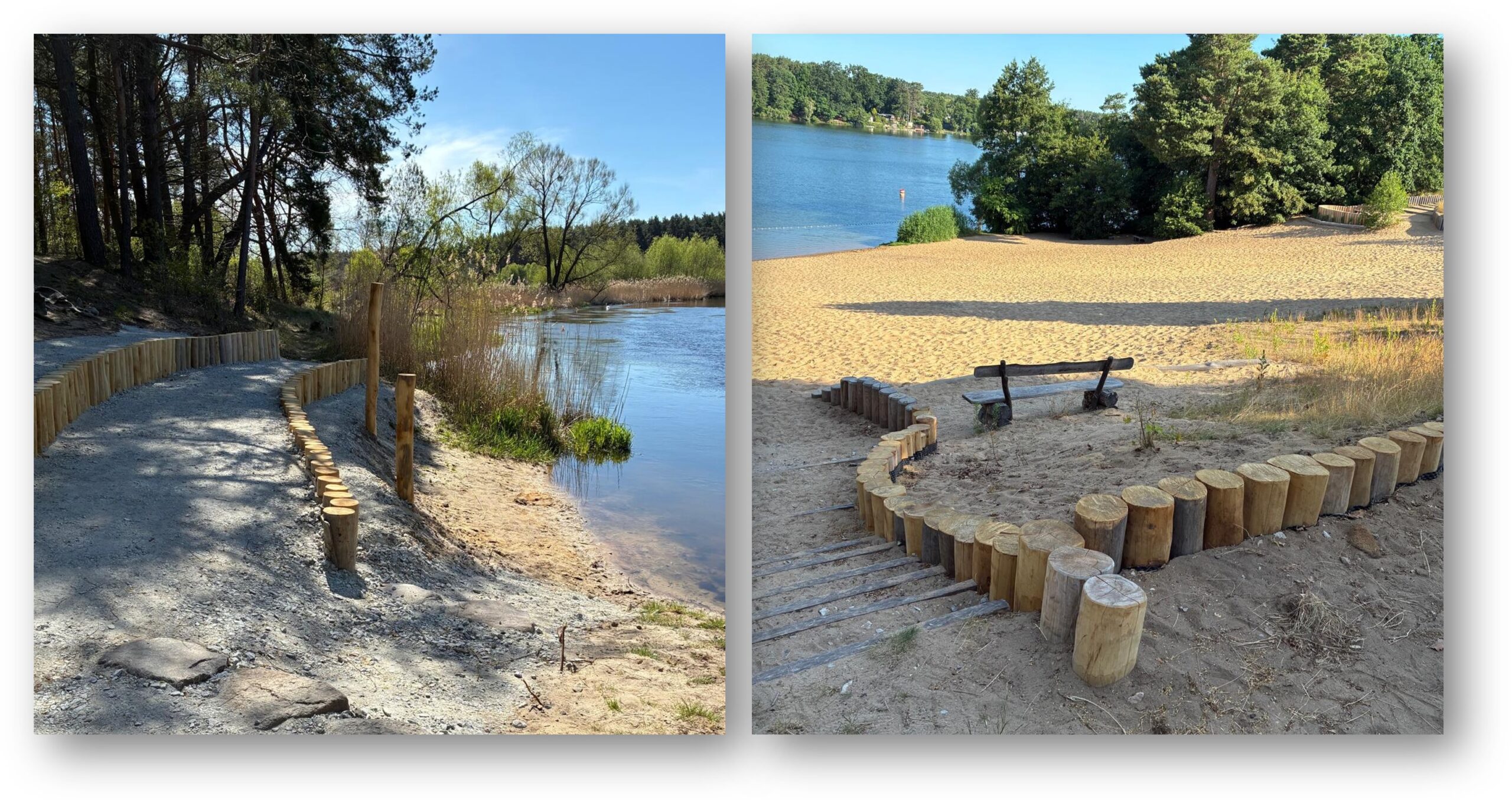 Ausgetauscht und erneuert: Der Kanuausstieg in Hangelsberg am Unsal ist jetzt wieder hergerichtet und die kleine Treppenanlage am Peetzseestrand hält der Erosion auch wieder Stand. Fotos: Katrin Erfurth/Montage: Anke Beißer