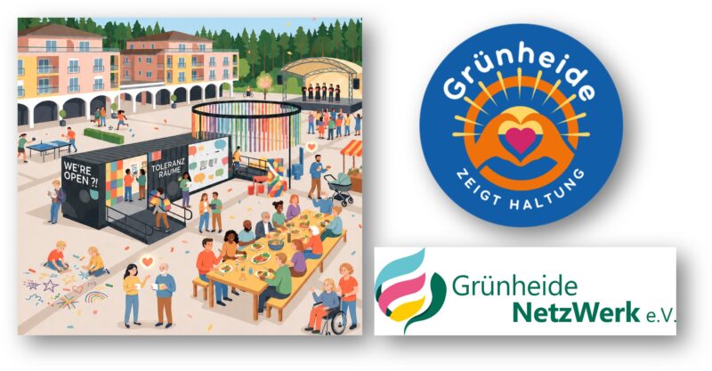 Eine Woche voller Begegnungen: Das GrünheideNetzWerk und „Grünheide zeigt Haltung“ laden unter Schirmherrschaft der Gemeinde Grünheide (Mark) zu einer bunten Programmwoche, begleitet von der Ausstellung „ToleranzRäume“, auf den Markplatz ein. Quelle: Veranstaltungsfyer GrünheideNetzWerk e.V./Montage: Anke Beißer