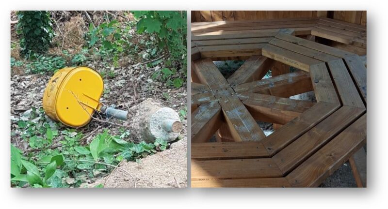 Ärger in Hangelsberg: Auf dem Rodelberg wurde im neu aufgestellten Pavillon die Tischplatte zerstört (rechts) und der Mülleimer daneben umgetreten. Fotos: Katrin Erfurth