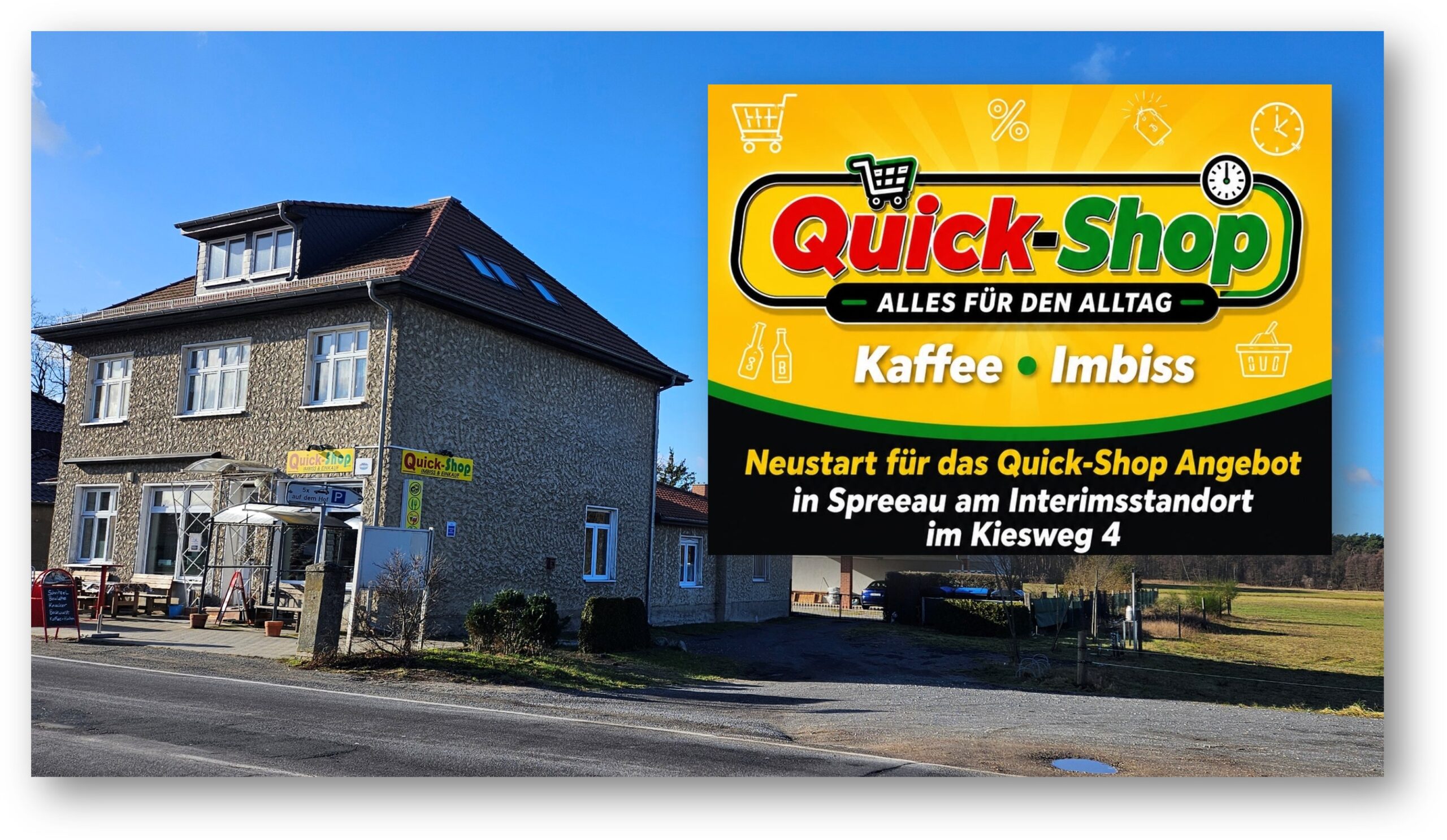 Standortwechsel: Bis das angestammte Ladenlokal wieder bezogen werden kann, bezieht der Quick-Shop Spreeau als Interimslösung einen nahegelegenen Verkaufswagen am Kiesweg 4. Foto: Anke Beißer/Grafik: Tobias Thieme (mit Hilfe KI)/Montage: Anke Beißer
