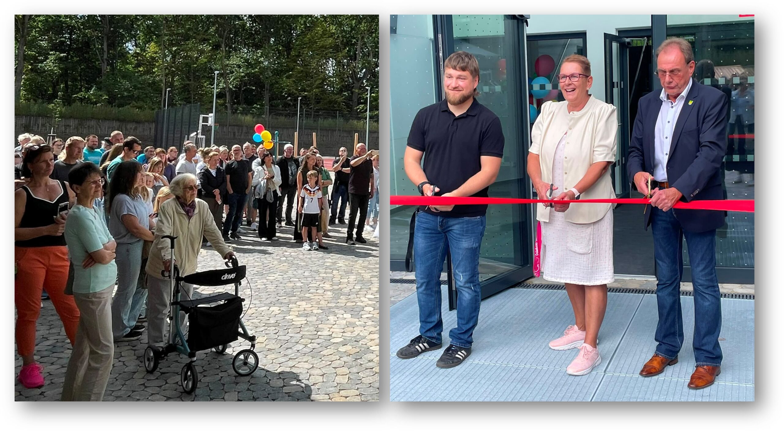 Feierlicher Akt: Im Beisein vieler Grünheider haben Bürgermeister Arne Chrstiani, Schulrektorin Sabine Wilde-Balzer und Hortleiter Kai Thiele (von rechts) bei der offiziellen Einweihung am Samstag, den 22. August, das obligatorische rote Band durchgeschnitten. Fotos: Ariane Kaatz/Montage: Anke Beißer 