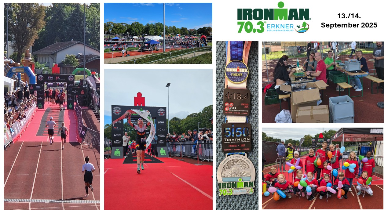 Für viele in bester Erinnerung: Der Ironman 70.3 Erkner war 2025 nicht nur ein Erlebnis für die Athleten. Auch die Helfer, die Begleiter und die Besucher der Family Party kamen auf ihre Kosten. Fotos: Peter Semrau (1), Marco Großert (1), Anke Beißer (4)/Montage: Anke Beißer