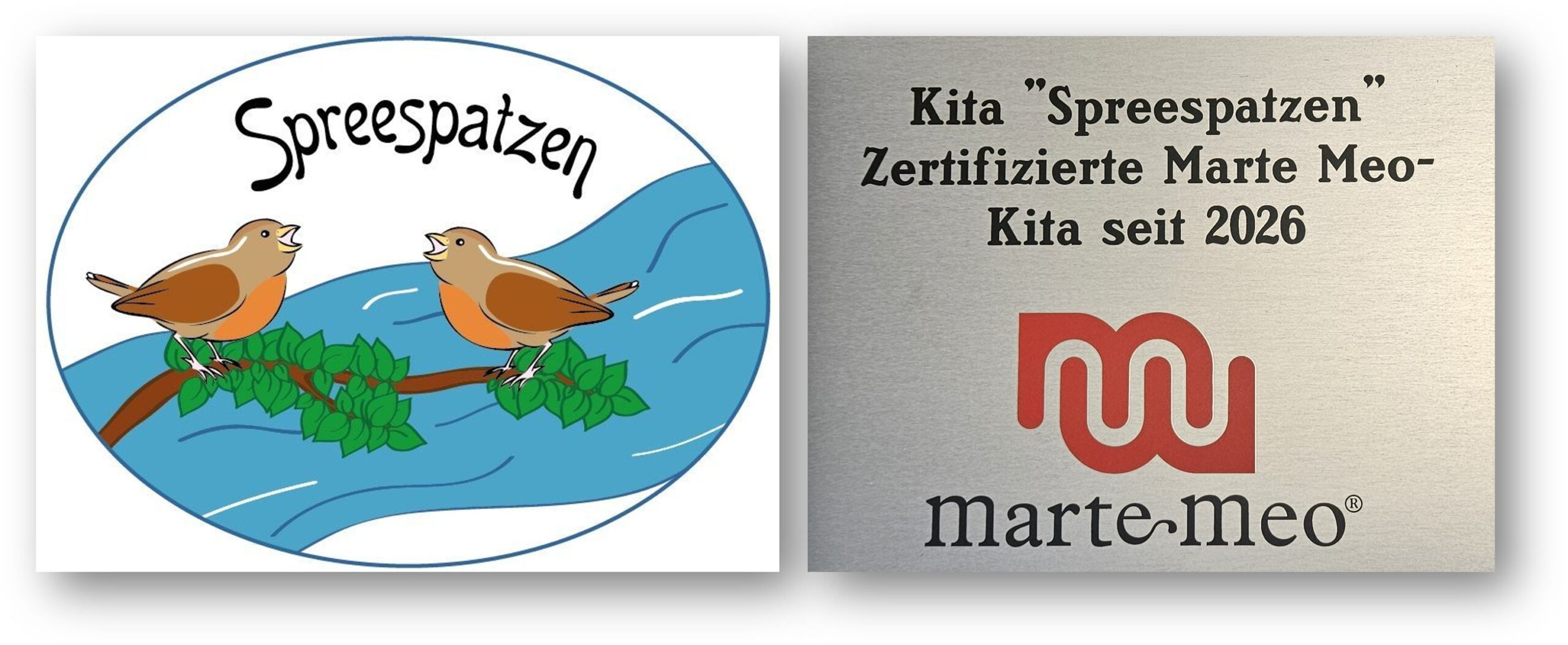 Neues Aushängeschild: Die Spreeauer Kita „Spreespatzen“ darf sich jetzt zertifizierte Marte Meo-Kita nennen. Sie ist die erste im Landkreis Oder-Spree mit diesem Siegel. Logo: Gemeinde Grünheide (Mark), Foto/Montage Anke Beißer