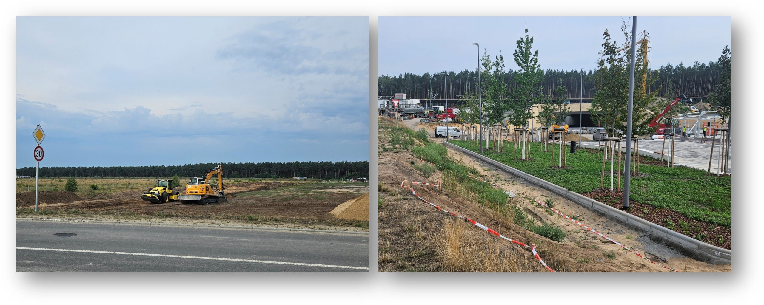 Radweg aus Richtung Süden: Tesla stellt den Lückenschluss zwischen Tesla-Radweg und Bahnhofsvorplatz her. Der Weg wird trassiert (Foto links), die Anbindung ist markiert (Foto rechts). Foto/Montage: Anke Beißer