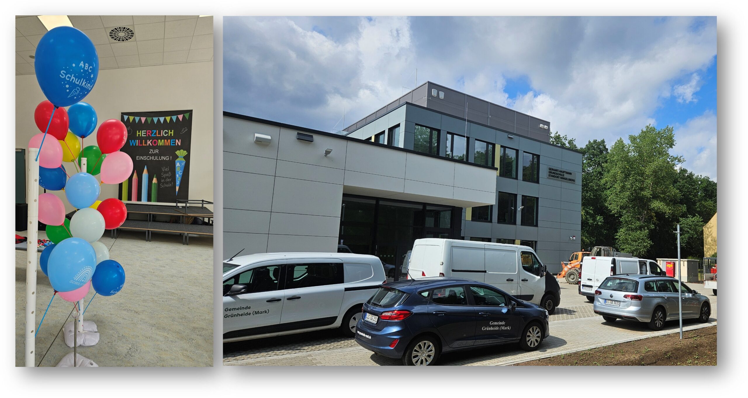 Vorbereitung auf Einschulung und Einweihung: In der neuen Grundschulfiliale in Hangelberg herrschte am Donnerstag (20. August) reges Treiben, damit am Samstag (22. August) für die feierliche Inbetriebnahme alles bereit ist. Foto/Montage: Anke Beißer