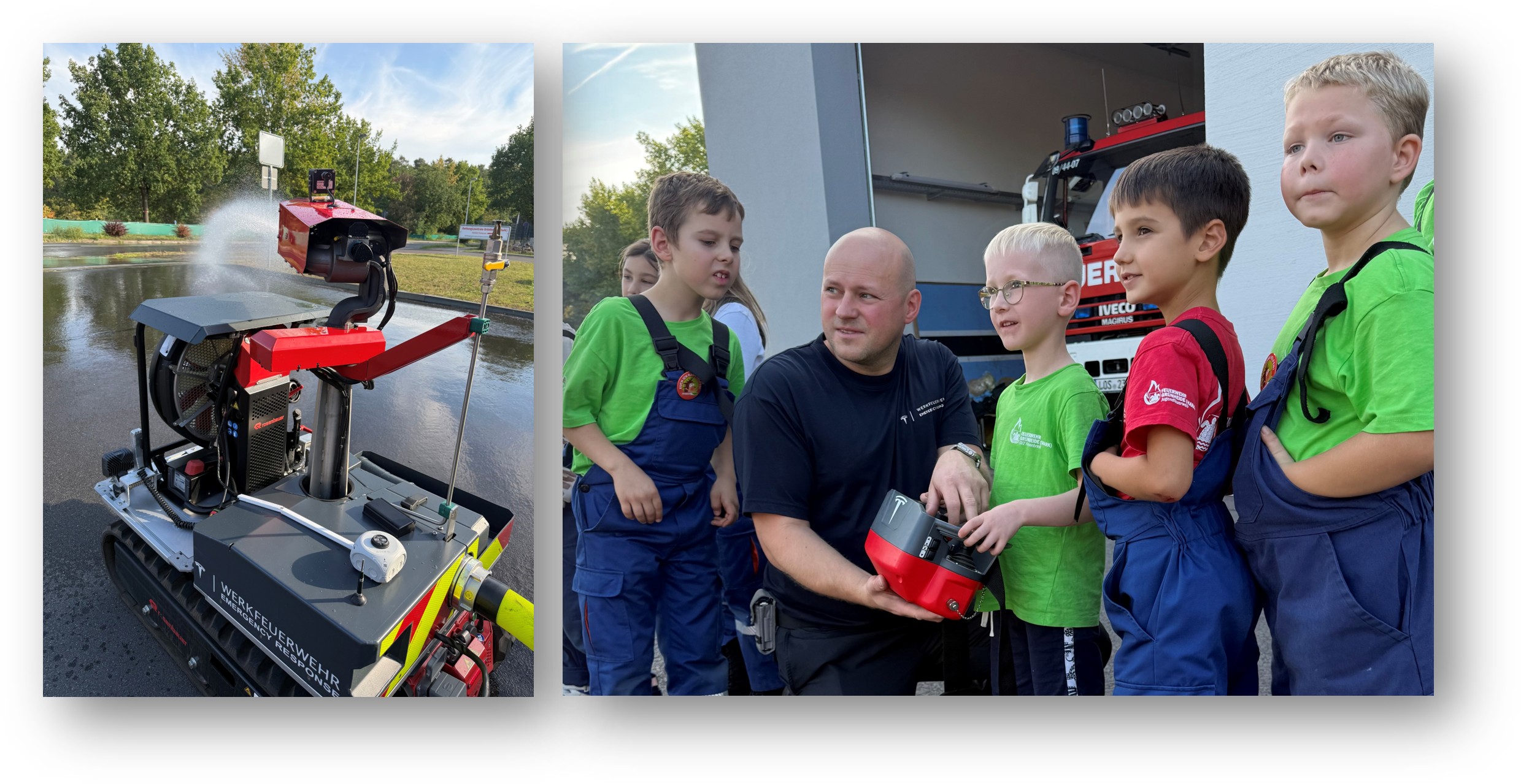 Spannender Programmpunkt: Beim Berufsfeuerwehrtag der Freienbrinker Jugendfeuerwehr ließ Stefan Weedoo von der Tesla-Werkfeuerwehr Theodor, Leon, Rubén und Lukas (von links) den kleinen Löschroboter (linkes Foto) steuern. Fotos: Susan Klenge/Montage: Anke Beißer