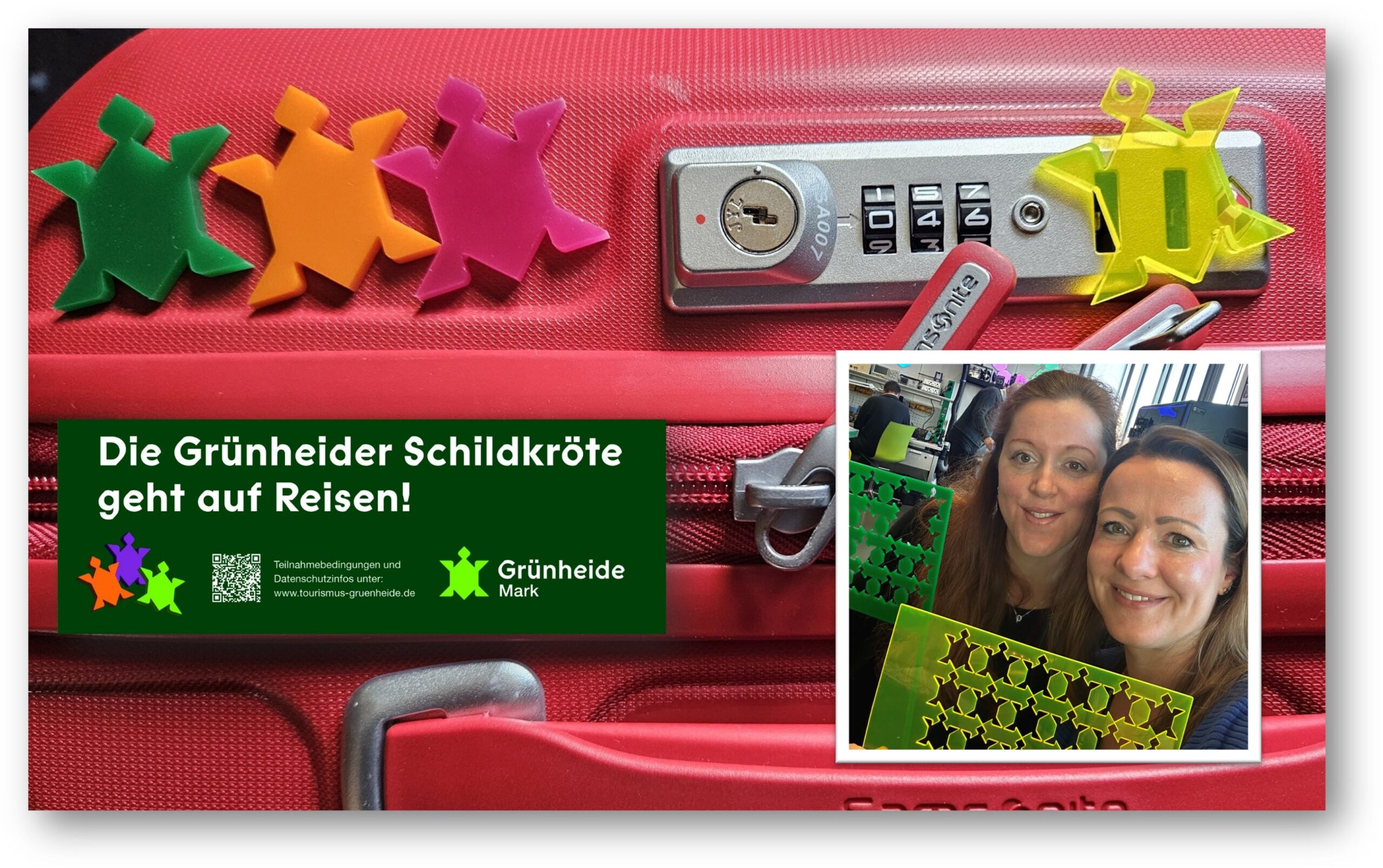 Haben die Schildkröte auf die Reise geschickt: Diana Nolander, Tourismusmanagerin von Grüheide (links), und Paule Thiel, Koordinatoirn vom Lokalen Bündnis für Familie Foto: Pauline Thiel, Anke Beißer/Montage: Anke Beißer