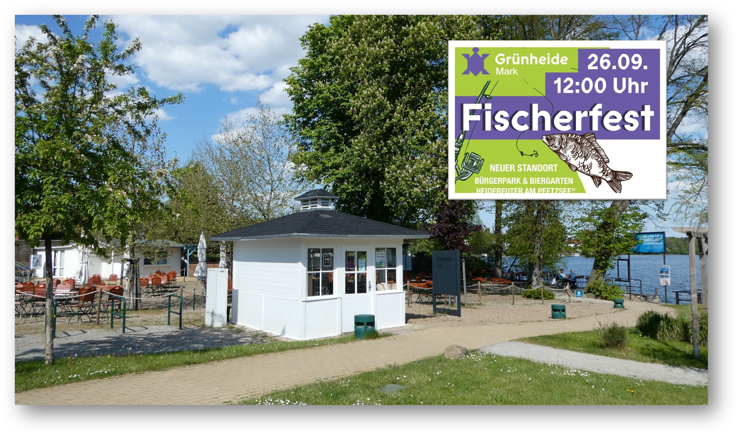 Tradition wird an neuem Ort fortgesetzt: Das Fischerfest findet erstmals am Peetzsee statt am Werlsee statt. Flyer: Gemeinde Grünheide (Mark); Foto/Montage: Anke Beißer