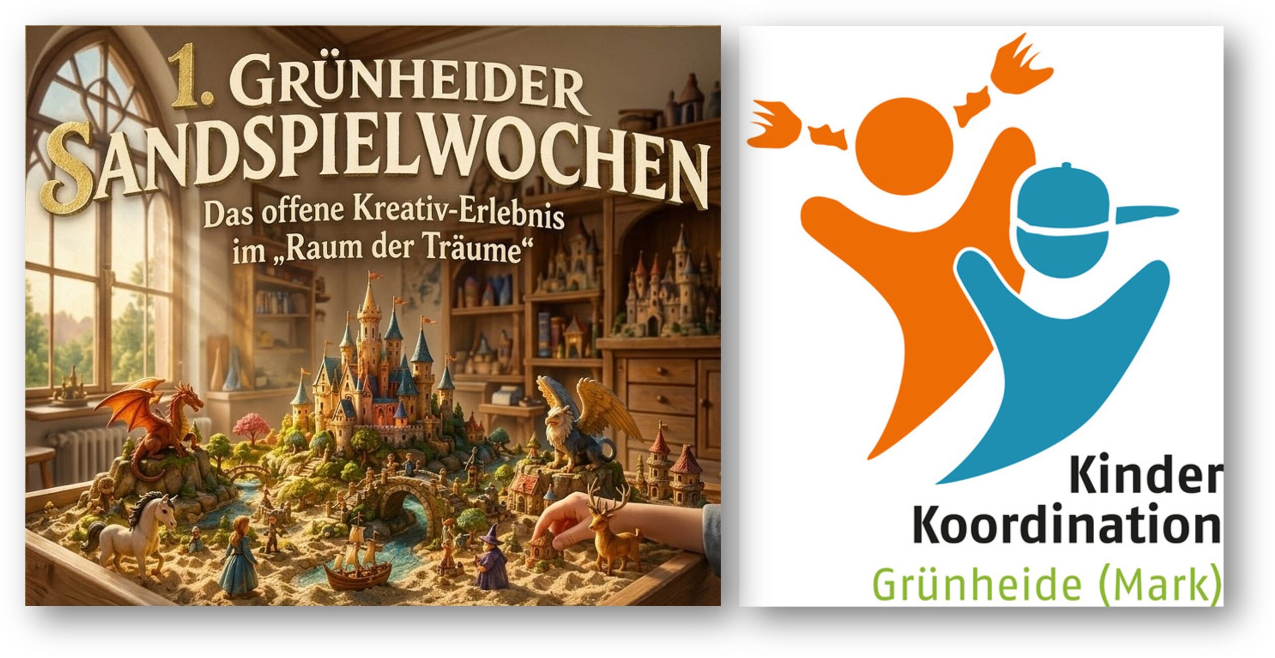 Sandiges Abenteuer: Kinderkoordiantorin Stefanie Höhn wartet mit besonderem Feieren-Angebot auf. Grafik: Gemeinde Grümnbheide (Mark)/Stefanie Höhn (mit KI generiert)/Montage: Anke Beißer