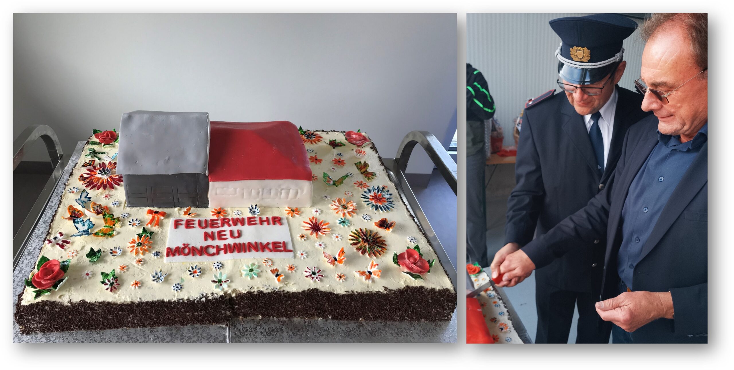 Überraschung: Zur Einweihung gab es eine Torte, die Bäckermeister Wolfgang Scharmer mit der Frauengruppe Mönchwinkel hingezaubert hat. Grünheides Bürgermeister Arne Christiani und der stellvertretende Ortswehrführer von Neu Mönchwinkel, Falko Brunn (links) durften sie anschneiden. Fotos: Christian Sappeck/Montage: Anke Beißer