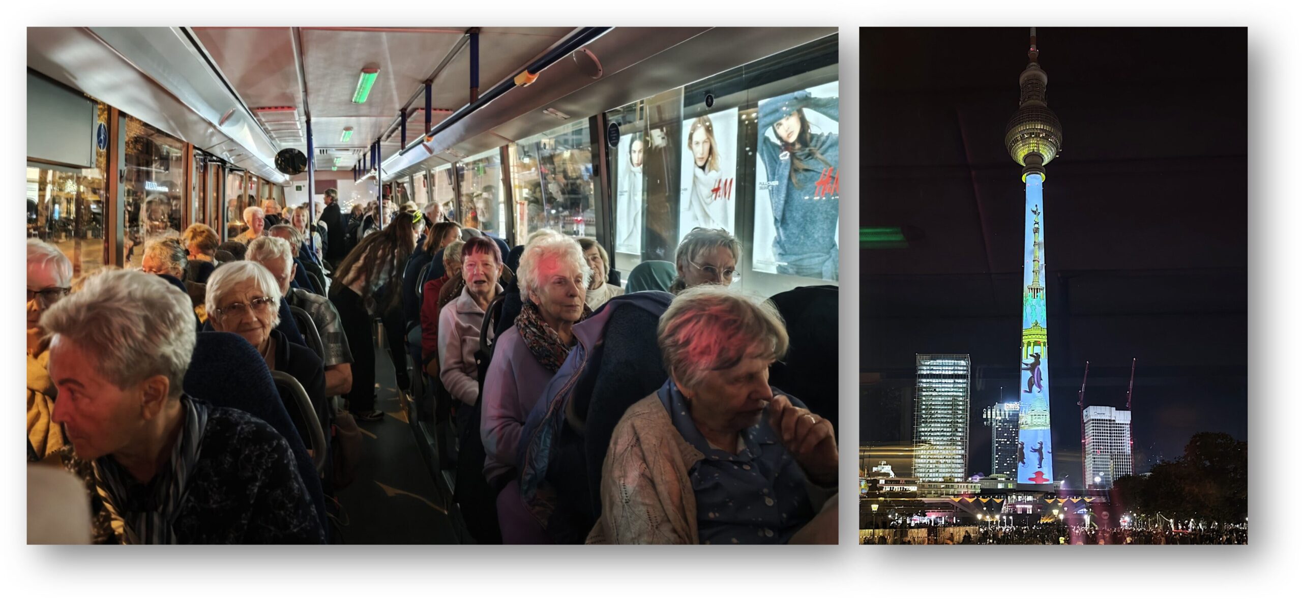 Wenn es dunkel wird: als Abschluss fuhr der Bus durchs erleuchtete Berlin. Fotos: Kerstin Wasmuth/ Collage: Anke Beißer